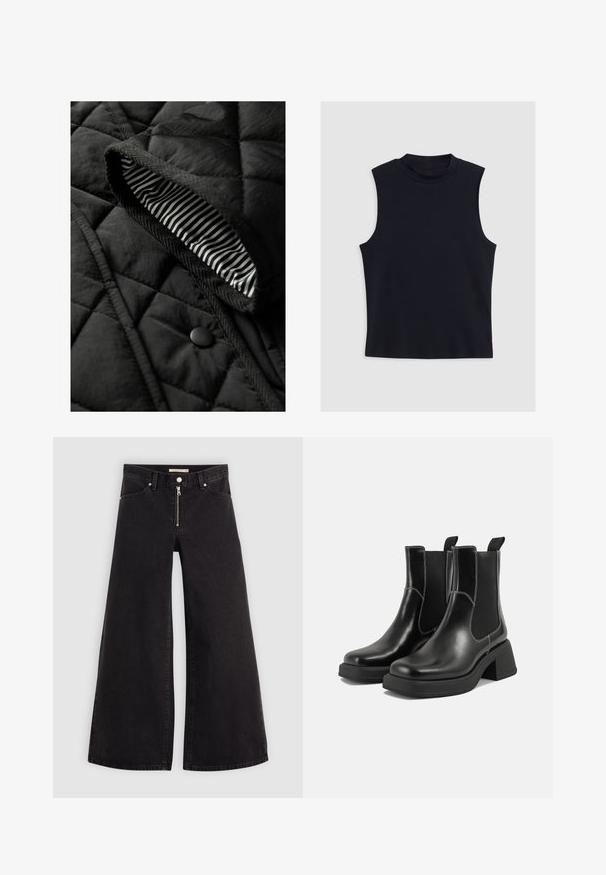 Čierna prešívaná vesta s textúrovaným povrchom a pruhovanou vnútornou podšívkou. Zahaľuje okrúhly čierny gombík a opletenie pozdĺž okrajov.; Bezrukávový top s vysokým golierom v tmavom námorníckom odtieni, vyrobený z hladkej tkaniny s priliehavým strihom a bez viditeľného kovania alebo vzorov.; Dlhé nohavice vo voľnom strihu z čierneho denimu so zipsom vpredu, päť vrecúškovým dizajnom a jemnými stehovými detailmi. Hladká textúra a neformálny štýl.; Čierne kožené Chelsea čižmy s robustným podpätkom, elastickými bočnými panelmi a kontrastným bielym prešívaním. Textúrovaný povrch.