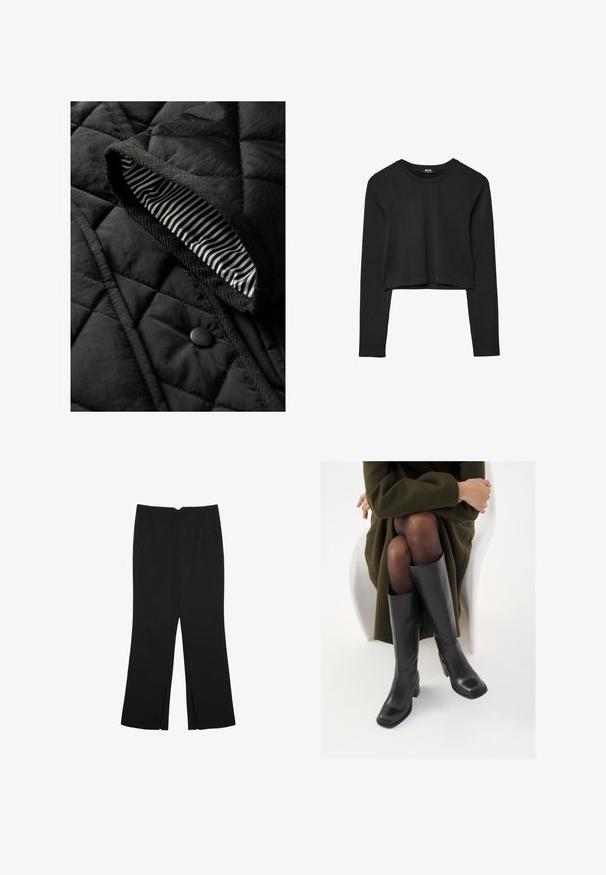 Zwarte doorgestikte vest met een textuur buitenkant en een gestreepte binnenvoering. Inclusief een ronde zwarte knop en gevlochten rand langs de randen.; Zwarte lange mouwen cropped top met ronde halslijn, eenvoudige ontwerp en een licht gebogen zoom.; Zwarte broek met een rechte pasvorm, voorzien van zijzakken en plooien aan de onderzijde. Gemaakt van zachte, gladde stof. Geschikt voor verschillende gelegenheden.; Knieschijf hoge zwarte leren laarzen met een vierkante neus en blokhak, getoond met een model dat zit in een olijfgroene jas. Gladde textuur, minimale details.