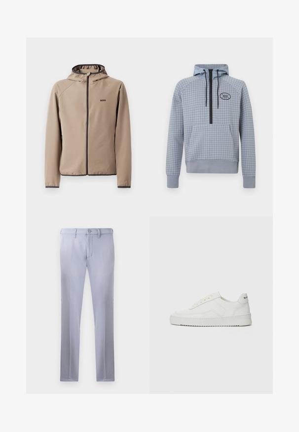 Beige bunda s kapucí a zipem vpředu, černé akcenty a logo na hrudi. Vyrobena z hladkého, elastického materiálu s přiléhavým střihem.; Světle modrá mikina s kapucí a kostkovaným vzorem, polo-zip design, nastavitelná šňůrka a přední kapsa. Černý logo akcent.; Světle šedé kalhoty na míru vyrobené z hladké tkaniny, s knoflíkovým zapínáním, poutky na opasek a rovnou nohavicí. Žádné viditelné kapsy.; Bílé kožené tenisky s hladkým povrchem, kulatou špičkou, plochými tkaničkami a texturovanou podrážkou. Na patě se nachází nenápadné logo.