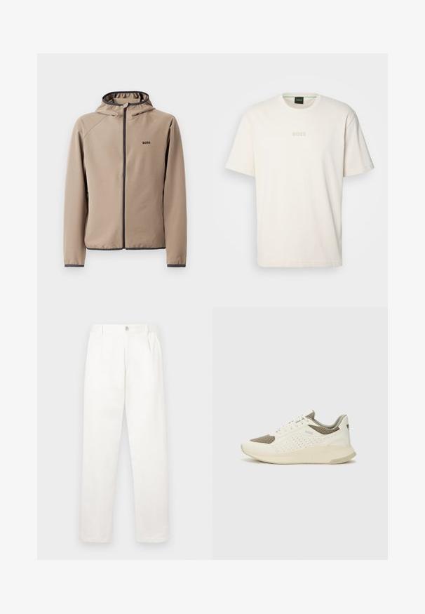 Bežinė gobtuvinė striukė su užtrauktuku priekyje, juodais akcentais ir logotipu ant krūtinės. Pagaminta iš lygaus, tampraus audinio su prigludusia forma.; BOSS TEE - Paprasti marškinėliai - open white; Balti kelni, pagaminti iš lygaus audinio, turi tiesią kojos konstrukciją, priekinę klostę ir vieną mygtuką juosmens srityje.; Baltas ir šviesiai bežinis sportinis kedas, su tinklo viršumi, perforuotais detalėmis ir tekstūruotu tarpine su logotipu ant kulno.