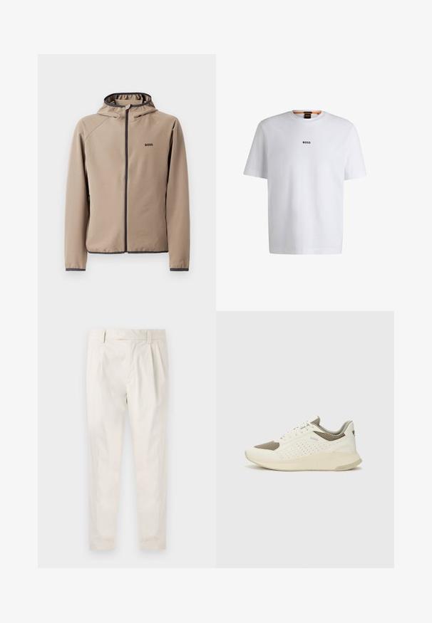 Beżowa kurtka z kapturem, z zamkiem z przodu, czarnymi akcentami i logo na klatce piersiowej. Wykonana z gładkiego, elastycznego materiału o dopasowanym kroju.; Biała bawełniana koszulka z krótkim rękawem, z czarnym logo "BOSS" umieszczonym na środku klatki piersiowej oraz okrągłym dekoltem.; Białe, plisowane spodnie o dopasowanym kroju, z gładką fakturą, szlufkami na pasek i zwężanymi nogawkami. Brak widocznych kieszeni lub wzorów.; Białe i jasnobeżowe sneakersy sportowe, z siateczkową cholewką, perforowanymi detalami oraz teksturowaną podeszwą śródstopia z brandingiem na pięcie.