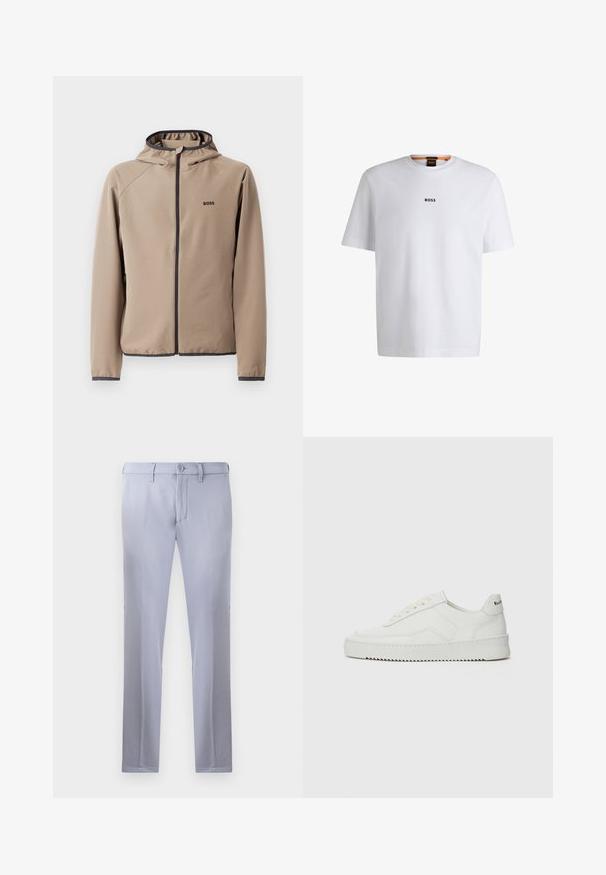 Beige hooded jacket with a zipper front, black accents, and logo on the chest. Made from a smooth, stretchy fabric with a fitted design.; White cotton T-shirt with short sleeves, featuring a black "BOSS" logo centered on the chest and a round neck design.; Light gray tailored trousers made of smooth fabric, featuring a button closure, belt loops, and straight-leg design. No pockets visible.; White leather sneaker with a smooth finish, round toe, flat laces, and a textured sole. Features a subtle logo on the heel.