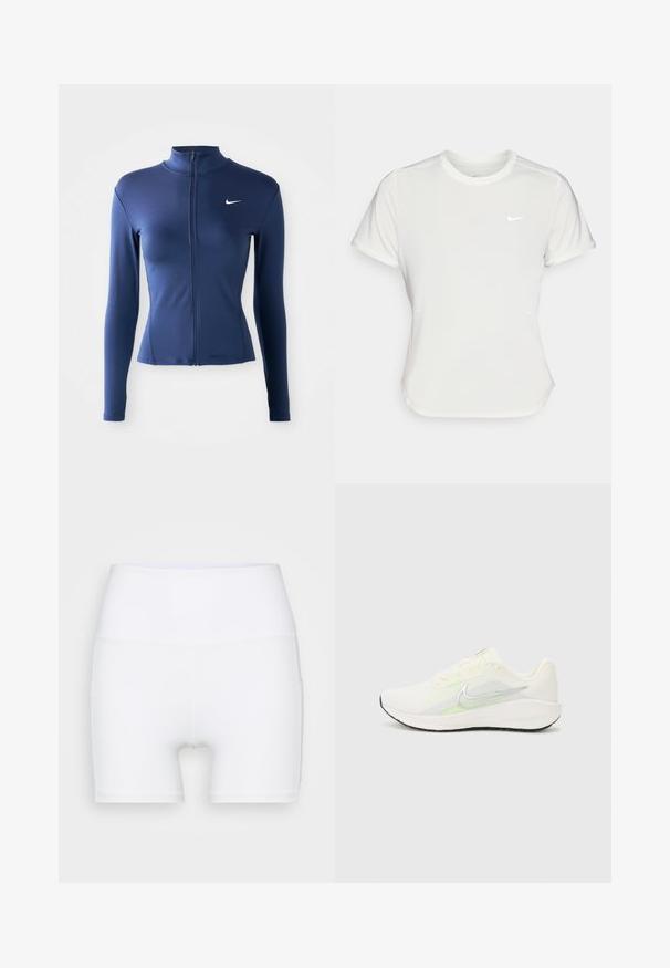 Jachetă sport ajustată pentru femei, de culoare bleu marin, cu fermoar, mâneci lungi și logo-ul alb Nike pe piept.; Tricou Nike alb, cu mâneci scurte, decolteu rotund, fabricat dintr-un material neted și ușor. Prezintă un logo subtil pe piept.; Șorturi albe cu talie înaltă, fabricate dintr-un material elastic. Au o textură netedă și un design ajustat, fără modele sau accesorii suplimentare.; Nike Performance DOWNSHIFTER 13 - Pantofi de alergare pe asfalt - sail/silver-coloured photon dust/summit white/barely volt/black