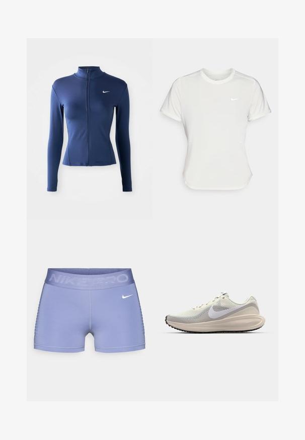 Moteriška prigludusi tamsiai mėlyna zip-up sportinė striukė su ilgomis rankovėmis ir balta Nike logotipu ant krūtinės.; Nike marškinėliai balti, trumpomis rankovėmis, apvaliu iškirpimu, pagaminti iš lygaus, lengvo audinio. Yra subtilus logotipas ant krūtinės.; Nike Pro kompresiniai šortai šviesiai violetinės spalvos, su plačia juosmens juosta, ant kurios puikuojasi "NIKE PRO" tekstas, lygia tekstūra ir raštuotais šonų akcentais.; Bateliai su šviesiai pilku tinklu viršuje, baltu Nike swoosh, paminkštintu tarpu, lieknu siluetu ir juodu guminiu padu su protektoriaus raštu.