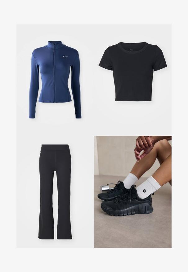 Jaqueta atlética ajustada feminina azul-marinho com fecho zip e mangas longas, com o logo branco da Nike no peito.; Camiseta preta curta, feita de um tecido macio e elástico. Apresenta um decote redondo e mangas curtas com um design simples.; Calças pretas com estilo flare feitas de um tecido elástico com uma cintura alta. Apresentam linhas limpas e uma textura suave, adequadas para uso casual.; Sapatilhas atléticas pretas com tecido texturizado, design com atacadores e uma sola proeminente, emparelhadas com meias brancas com nervuras e um pequeno logótipo.