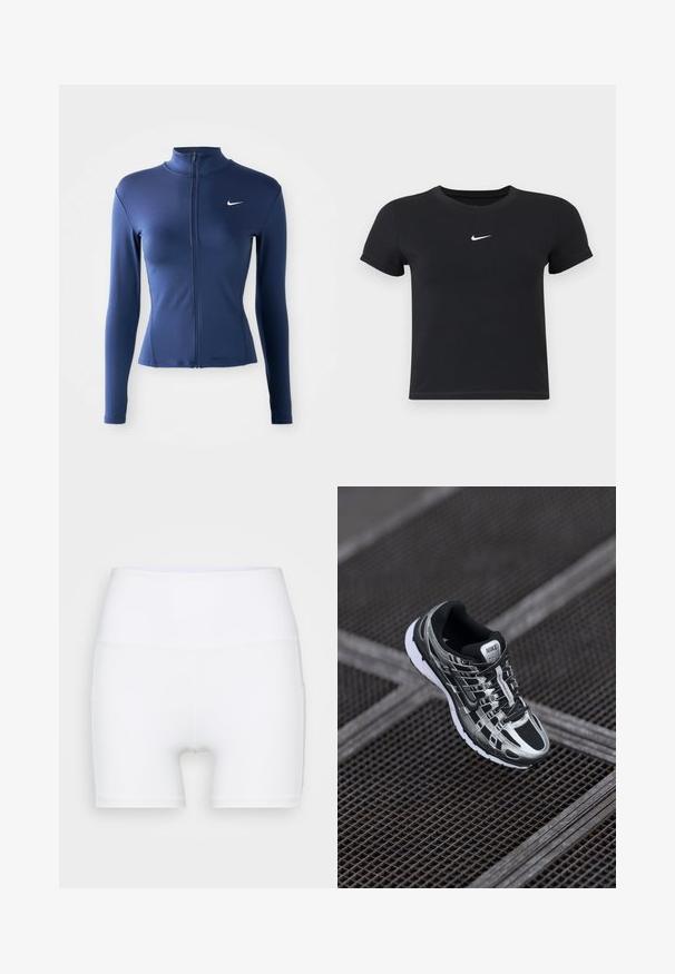 Női, sötétkék, fazonra szabott, cipzáras sportdzseki hosszú ujjakkal és fehér Nike logóval a mellrészen.; Fekete, rövid ujjú póló, pamutból készült, kerek nyakkivágással. A mellkasán fehér Nike logó található, minimális dizájnnal és testhez simuló formával.; Fehér, magas derekú, rugalmas anyagból készült sort. Simább textúrával és testhezálló dizájnnal rendelkezik, további minták vagy fémalkatrészek nélkül.; Nike futócipő, fekete és ezüst színvilággal, hálós felső résszel, texturált talppal és biztos illeszkedést biztosító fűzőrendszerrel.