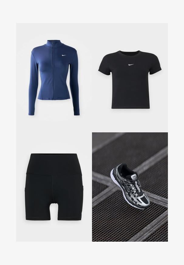 Moteriška prigludusi tamsiai mėlyna zip-up sportinė striukė su ilgomis rankovėmis ir balta Nike logotipu ant krūtinės.; Juodas trumpas rankoves marškinėliai, pagaminti iš medvilnės, su apvaliu kaklu. Pasižymi balta Nike logotipu ant krūtinės, minimalistišku dizainu ir prigludusia forma.; Juodi sportiniai šortai pagaminti iš tamprios medžiagos, su aukštu juosmeniu, prigludusia forma ir plokščiais siūlais, užtikrinančiais komfortą bei ilgaamžiškumą.; Nike bėgimo bateliai su juodos ir sidabrinės spalvų schema, tinklinis viršus, tekstūruota padas ir raištelių sistema saugiam prigludimui.