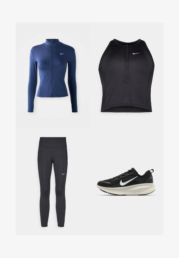 Women's fitted navy blue zip-up athletic jacket with long sleeves and white Nike logo on the chest.; Black athletic crop top with a zip-front, mesh accents, and a fitted design. Made from stretchy, breathable fabric. Nike logo on front.; Black leggings made of stretchy fabric, featuring a high waistband and a white Nike logo on the left thigh. Smooth texture, form-fitting design.; Black Nike running shoe with breathable mesh upper, white swoosh logo, textured detailing, and a cream-colored ZoomX midsole.