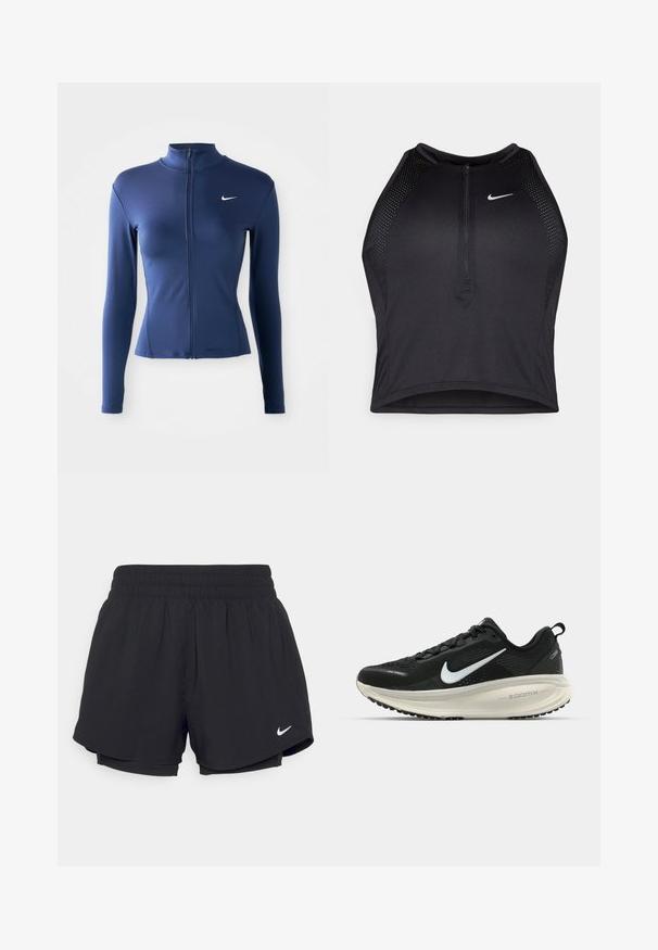 Dámska priliehavá námornícko modrá športová bunda na zips s dlhými rukávmi a bielym logom Nike na hrudi.; Čierny športový crop top so zipsom vpredu, sieťovými prvkami a priliehavým strihom. Vyrobený z pružného, priedušného materiálu. Logo Nike na prednej strane.; Čierne športové šortky s elastickým pásom, vnútornou podšívkou a bielym logom Nike na dolnej ľavej strane. Hladká, ľahká tkanina.; Čierne bežecké topánky Nike s priedušnou sieťovinou, bielym logom s symbolom swoosh, textúrovanými detailmi a krémovou ZoomX medzipodrážkou.