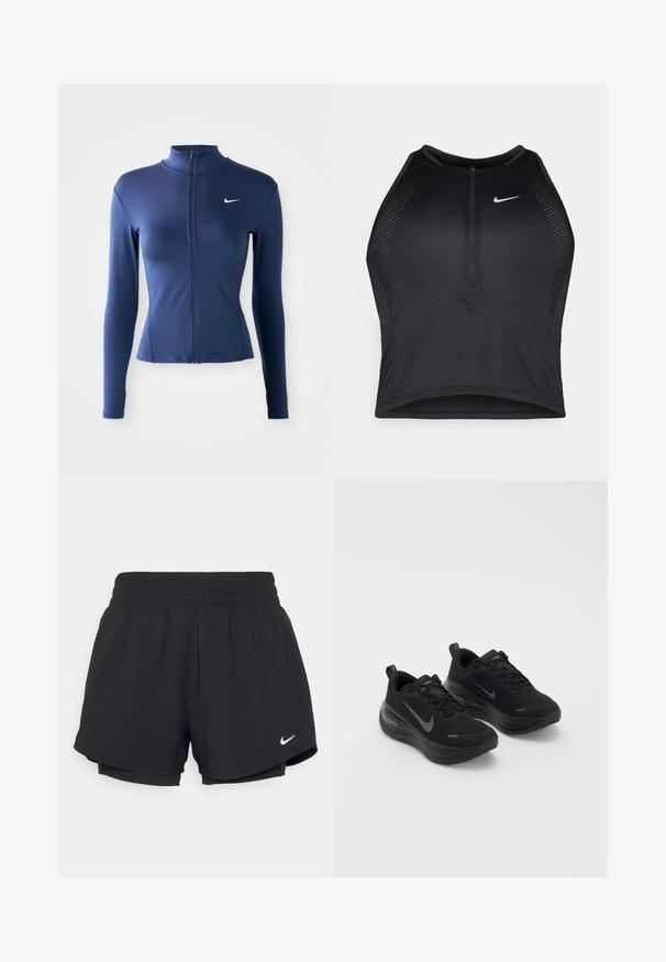 Dámska priliehavá námornícko modrá športová bunda na zips s dlhými rukávmi a bielym logom Nike na hrudi.; Čierny športový crop top so zipsom vpredu, sieťovými prvkami a priliehavým strihom. Vyrobený z pružného, priedušného materiálu. Logo Nike na prednej strane.; Čierne športové šortky s elastickým pásom, vnútornou podšívkou a bielym logom Nike na dolnej ľavej strane. Hladká, ľahká tkanina.; Čierne športové topánky s textúrovaným zvrškom, viazaním na šnúrky a hrubou, polstrovanou podrážkou. Obsahuje šedé logo Nike po stranách.