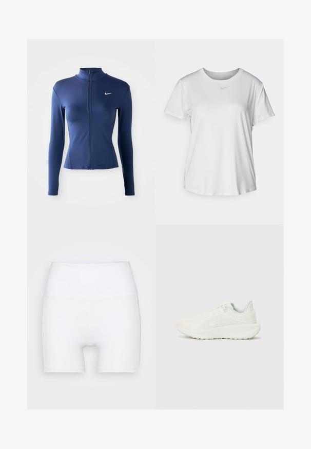 Women's fitted navy blue zip-up athletic jacket with long sleeves and white Nike logo on the chest.; White short-sleeve T-shirt made of smooth fabric, featuring a round neckline and a small grey Nike logo on the chest.; White high-waisted shorts made from stretch fabric. Features a smooth texture and fitted design, with no additional patterns or hardware.; White athletic shoes with a textured upper, padded collar, and lace closure. Features a curved outsole and subtle branding on the side.