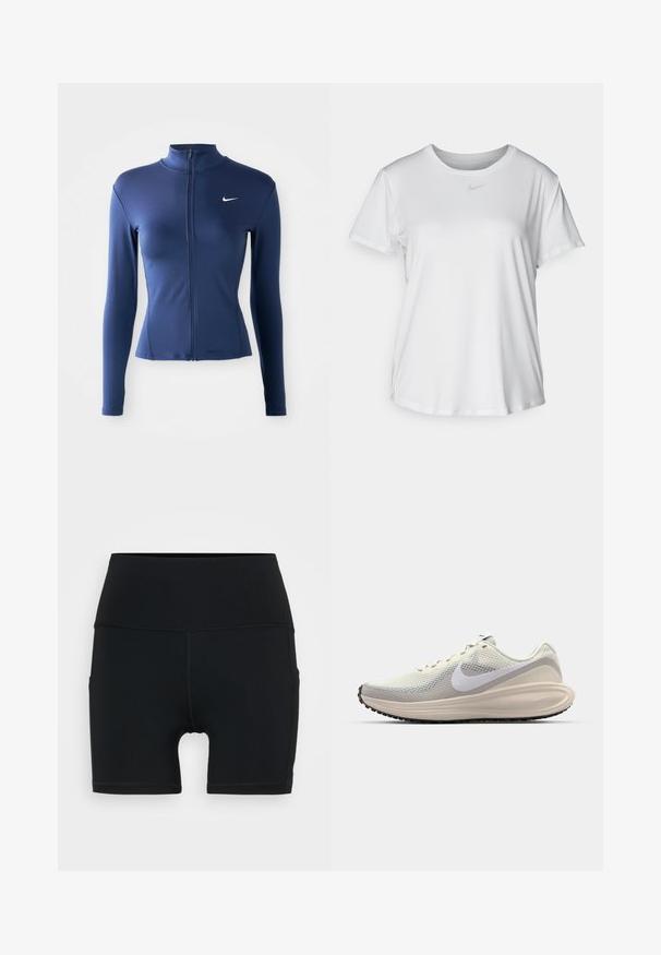 Dame fitted navy blå zip-up atletikjakke med lange ærmer og hvidt Nike-logo på brystet.; Hvid kortærmet T-shirt lavet af glat materiale, med en rund halsudskæring og et lille gråt Nike-logo på brystet.; Sorte sporty shorts lavet af strækbart materiale, med høj talje, tætsiddende design og flade sømme for komfort og holdbarhed.; Sneakers med en lys grå mesh-overdel, hvid Nike swoosh, polstret mellemsål, slankt design og sort gummisål med mønster.