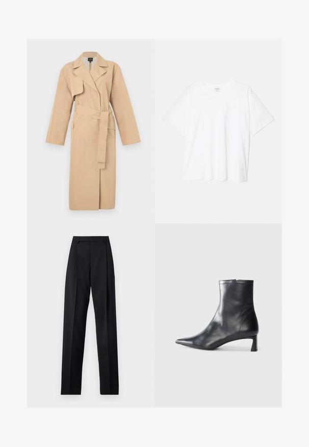 Beżowy trencz z kołnierzem typu lapel, długimi rękawami, paskiem w talii i kieszeniami po bokach. Gładka faktura o minimalistycznym wzornictwie.; Biała bawełniana koszulka z krótkim rękawem, okrągłym dekoltem, luźnym krojem i przeszytym brzegiem. Metka widoczna wewnątrz dekoltu.; Czarne spodnie wykonane z gładkiego materiału, z wysokim stanem, szerokimi nogawkami, fałdami z przodu i klasycznymi szlufkami na pasek. Brak widocznych kieszeni bocznych.; Czarne skórzane botki sięgające kostki z ostrym noskiem i eleganckim designem. Posiadają niski obcas oraz zamek błyskawiczny z tyłu. Gładka faktura.