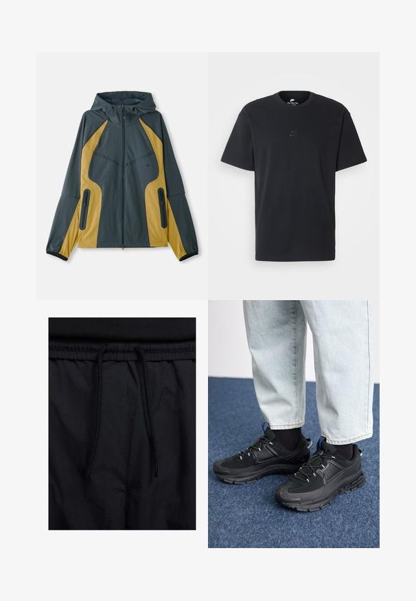 Grå och gul huvtröja med dragkedja fram, som har kontrasterande paneler, dragkedjefickor och elastiska ärmslut. Slät textur.; Svart t-shirt i bomull från Nike med klassisk rund halsringning, korta ärmar och en diskret, präglad logotyp på bröstet. Slät textur.; Svarta shorts med dragsko i midjan, lättviktig tyg med en slät yta och en enkel design utan synliga logotyper eller mönster.; Svarta sportskor med texturerat tyg och gummisulor, med elastiska snörningar och en blå detalj på hälen. Bärs med ljusa jeans.