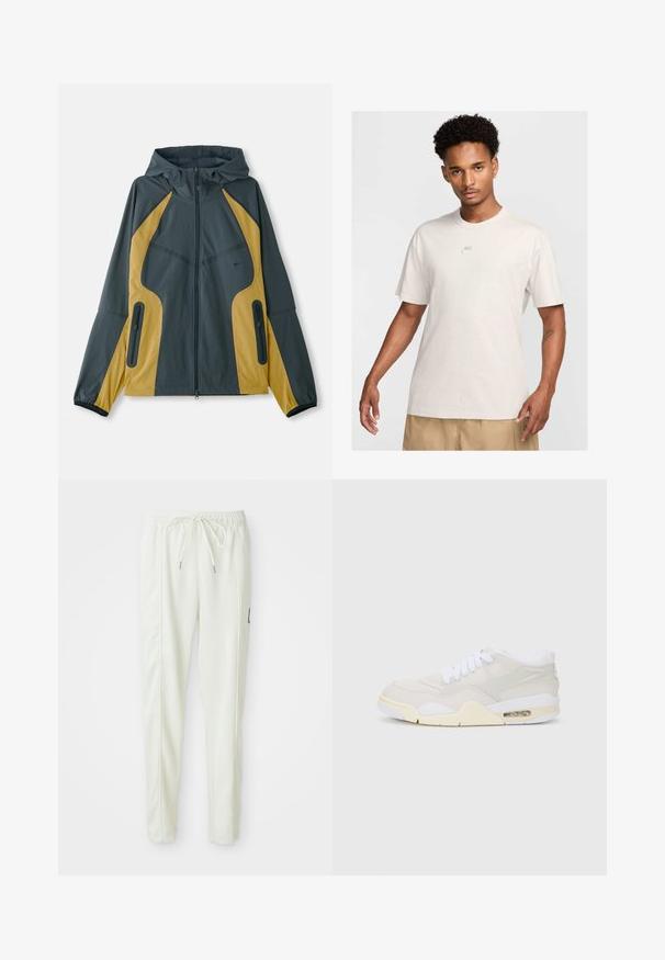 Szürke és sárga kapucnis dzseki, elöl cipzárral, kontrasztos panelek, cipzáros zsebek és rugalmas mandzsetták. Sima tapintású.; Rövid göndör hajú férfi bézs Nike pólót és khaki sortot visel, előre néz egy sima világos háttér előtt.; Fehér, slim fit szabású sportnadrág, elasztikus derékkal és húzózsinórral, oldalsó varrás részletekkel és egy kis fekete folttal a jobb lábon.; Könnyű bézs szintetikus felsőrésszel, fehér fűzőkkel és látható párnázottsággal rendelkező sportcipők. Simább talppal és diszkrét oldalsó díszítéssel rendelkezik.