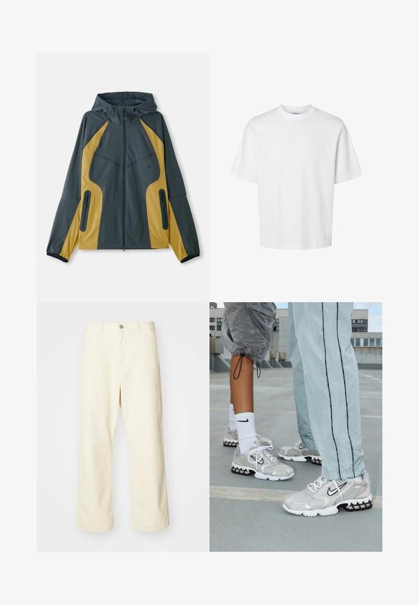 Siva in rumena kapuca jakna z zadrgo spredaj, ki ima kontrastne panele, žepke z zadrgo in elastične manšete. Gladka tekstura.; Bela bombažna majica s kratkimi rokavi, okroglo izrezana in udobnega kroja. Gladka tekstura brez vidnih vzorcev ali dekoracij.; Kremne široke hlače iz bombaža z gumbom za zapiranje, zankami za pas in šivanim robom. Gladka tekstura, brez vidnih vzorcev.; Nike športni copati iz srebrnega mrežnega materiala, ki imajo bele vezalke, črn Swoosh logotip ter črno-rdečo podplat z zračnim oblazinjenjem.