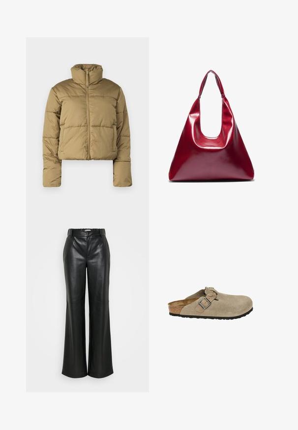 Casaco puffer cropped em castanho claro, com gola alta, fecho de correr frontal completo e secções cosidas para isolamento. Textura suave e mate.; Noisy May NMSUTTON CHERRY  - Camisola - light grey melange; ONLY Tall ONLSMOOTH WIDE  - Calças - black; Tamancos em camurça bege com bico arredondado, tira ajustável e fivela, palmilha de cortiça e sola de borracha texturizada preta para aderência.; Bolsa de mão de couro envernizado vermelho com uma forma triangular, abertura ampla na parte superior e uma alça curvada única. Textura suave com detalhes de costura mínimos.