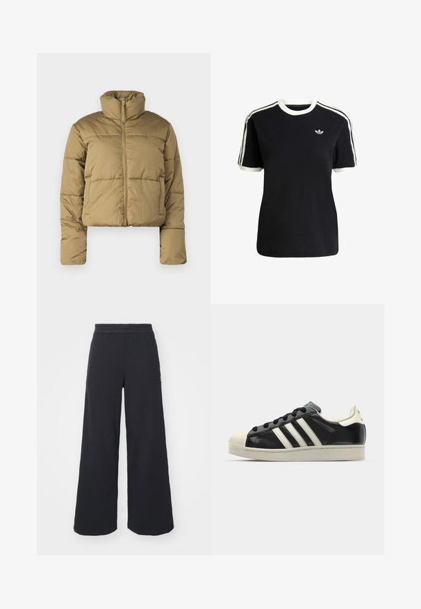 Kratka puffer jakna u svijetlosmeđoj boji, s visokim ovratnikom, punim prednjim zatvaračem i šavovima za izolaciju. Glatka, mat tekstura.; Crna pamučna majica s bijelim detaljima na ovratniku i rukavima, s tri bijele pruge na svakom ramenu i malim logotipom na prsima.; Crne široke sweatpants hlače napravljene od mekog materijala, s elastičnim strukom i malim logotipom s lijeve strane.; Crni kožni tenisice s bijelim prugama, gumeni zaštitni vrh, crne vezice i bijela potplata boje krem. Glatka tekstura s sjajnim završetkom.