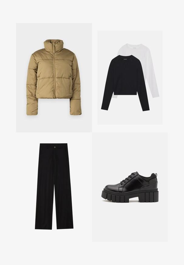 Garo pufjakas gaiši brūnā krāsā, ar augstu apkakli, pilnu priekšējo rāvējslēdzēju un šūtām daļām siltumizolācijai. Gluda, matēta tekstūra.; Divas garām piedurknēm krekli: viens melns un viens balts. Abiem ir apaļa izgriezne, raglanu piedurknes un mīksta kokvilnas maisījuma audums.; Platas kājas melnas bikses, izgatavotas no gludas auduma, ar priekšējām kabatām un pogas aizdari jostasvietā. Minimālisma dizains, bez rakstiem.; Melnas ādas platformas kurpes ar masīvu bloku papēdi, apaļu purngalu un tradicionālu saistīšanas dizainu. Izceļas ar gludu tekstūru un minimālu apdari.