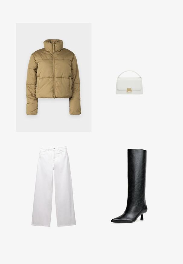 Kurze Pufferjacke in Hellbraun, ausgestattet mit einem hohen Kragen, einem durchgehenden Reißverschluss und gesteppten Einsätzen zur Isolierung. Glatte, matte Oberfläche.; Weißes T-Shirt mit kurzen Ärmeln aus Baumwolle. Hat einen Rundhalsausschnitt und eine lockere Passform. Glatte Textur ohne sichtbare Muster oder Akzente.; Weiße weit geschnittene Jeans aus Denim. Mit Knopfverschluss, Vorder- und Gesäßtaschen sowie gesteppten Nähten. Glatte Textur mit minimalen Details.; Schwarze kniehohe Stiefel aus strukturiertem Leder. Mit spitzem Zeh und kleinem, ausgestellt Absatz. Schlankes, glattes Design mit minimalen Akzenten.; Weiße Lederhandtasche mit strukturiertem Design, ausgestattet mit einem oberen Griff und einem goldfarbenen Verschluss. Glatte Textur und minimalistische Akzente.