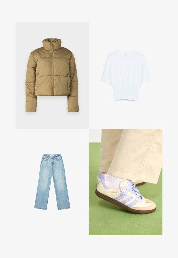 Kort pufferjakke i lys brun, med høj krave, fuld frontlynlås og syede sektioner til isolering. Glat, mat tekstur.; Hvid kortærmet T-shirt med afslappet pasform og smocked tekstur ved taljen. Lavet af blødt, letvægtsstof.; Lyseblå denim bukser med bred benvidde og høj talje, præget af en falmet vask og små, spredte slidte detaljer overalt.; Creme og lavendel sneakers med tre striber og en tekstureret brun sål, der har snørebånd og en polstret hæl. Blødt stof øvre.