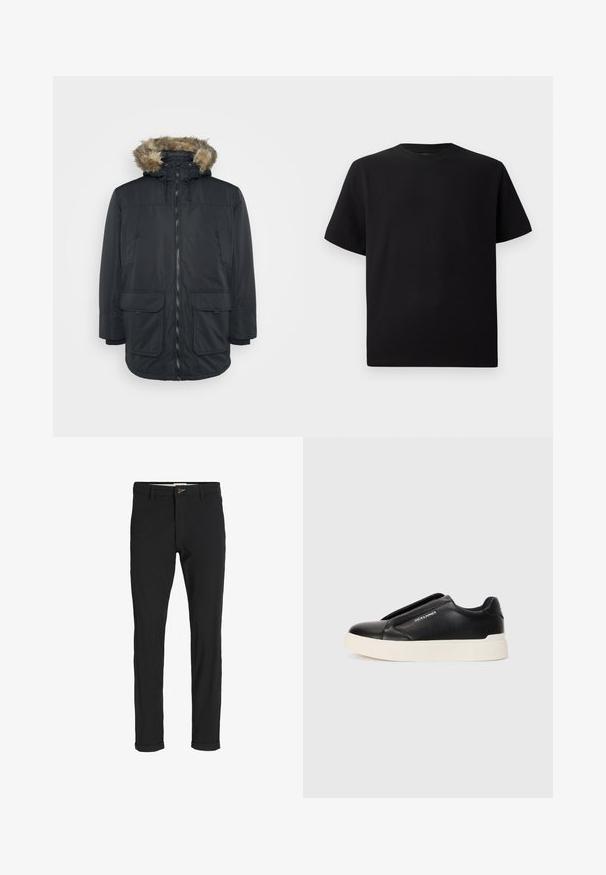 Jack & Jones JJCONSTRUCT - Vinterfrakke - black; Sort kortærmet T-shirt lavet af tekstureret stof, med rund halsudskæring og en afslappet pasform. Enkel, uden mønstre eller accenter.; Sorte bomuldsblandede bukser med slim fit, der har en knaplukning, lommer og opbrugte stumper for et afslappet udtryk.; Sort slip-on sneakers med tekstureret læderoverdel, hvid gummisål og uden synlige snørebånd. Har brandlogo på siden.