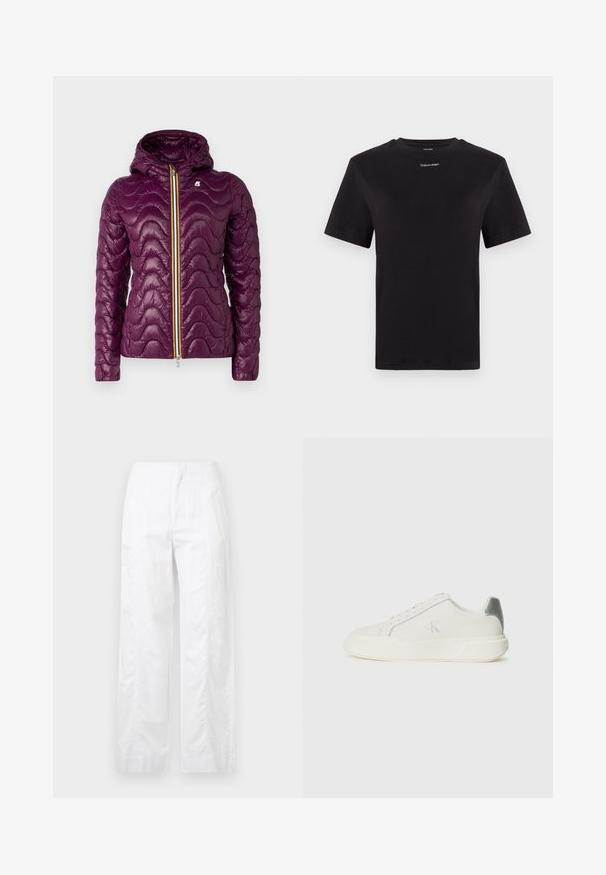 K-Way QUILTED WARM - Lagana jakna - violet/purple; Crna pamučna majica s kratkim rukavima, okruglim izrezom i malim bijelim logom "Calvin Klein" na prsima. Glatka tekstura, klasičan kroj.; Bijele široke hlače od laganog materijala, s glatkom teksturom, čistim linijama i visokim strukom.; Bijela tenisica od kože s glatkom teksturom, koja ima srebrni naglasak na peti, ravni đon i minimalistički dizajn.