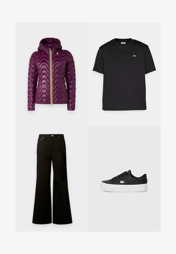 K-Way QUILTED WARM - Välikausitakki - violet/purple; Musta puuvillapaita, jossa on pyöreä kaula-aukko, lyhyet hihat ja pieni vihreä brodeerattu logo vasemmassa rinnassa. Yksinkertainen muotoilu.; Musta korkeavyötäröiset leveälahkeiset farkut, joissa on edessä nappi ja vetoketju, solkilenkit ja viisi taskua, mukaan lukien pieni kolikkotasku.; Musta matalavartinen lenkkari, joka on valmistettu synteettisestä materiaalista ja jossa on valkoinen kumipohja, mustat nauhat ja pieni valkoinen logo sivussa.