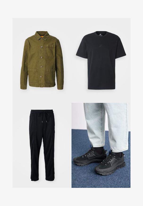aliai žalia medvilnės striukė su sagų užsegimu, smaigalio formos apykakle, dviem didelėm priekinėm kišenėm ir viena krūtine kišene.; Juodas medvilninis Nike marškinėliai su klasikinėmis apykaklėmis, trumpomis rankovėmis ir subtiliu, įspaustu logotipu ant krūtinės. Sklandus tekstūra.; Juodos laisvos kelnės su raišteliu liemens, šoninėmis kišenėmis ir tiesiu kirpimu ant vienodos fono.; Juodi sportiniai bateliai su tekstūruota medžiaga ir guminiais padais, su elastingomis raišteliais ir mėlynu akcentu ant kulno. Dėvimi su šviesiai mėlynomis džinsinėmis kelnėmis.