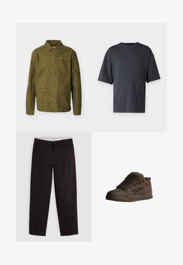 Olive zeleno usnje iz bombaža, z gumbom spredaj, z ostrim ovratnikom, dvema velikima sprednjima žepoma in enim žepom na prsih.; Temno siva majica s kratkimi rokavi iz lahkotnega bombaža, z ohlapnim krojem in klasičnim okroglim izrezom, z enostavno teksturo in brez vzorcev.; Črni ravni chinos hlače z zankami za pas, gumbom za zapiranje in stranskimi žepi, prikazani na svetlo sivi podlagi.; Rjave športne čevlje, izdelane iz gladkega sintetičnega materiala. Imajo debele vezalke, mrežaste dodatke, podložen ovratnik in strukturo gumijastega podplata.