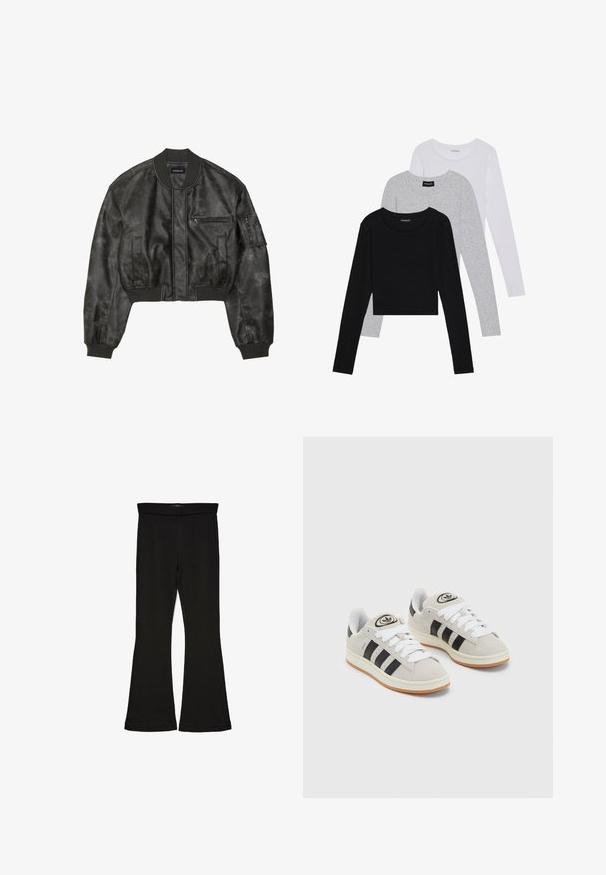 Svart lær bomberjakke med en cropped design, ribbestrikkede mansjetter og nederkant, frontlommer og en glidelåslomme på ermet. Matt finish.; Tre lange ermer t-skjorter stablet: svart, grå og hvit. Hver har en rund hals og et kort design med glatt, lett stoff.; Sorte flared leggings laget av stretchy stoff. Har en bred midjebånd og en glatt tekstur, med en tettsittende silhuett som blir videre nedover.; Grå semsket sneakers med hvite lisser, svarte striper og en hvit gummisåle. Har en sirkulær logo på tungen og en gummisåle.