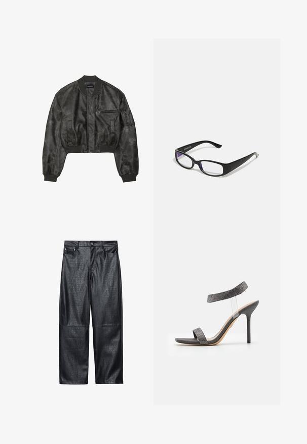 Black leather bomber jacket with a cropped design, ribbed cuffs and hem, front pockets, and a zippered sleeve pocket. matte finish.; Black, shiny bralette with thin adjustable straps, featuring a V-neckline, smooth texture, and subtle gathering at the bust for shape.; Black faux leather wide-leg pants featuring a crocodile texture, traditional five-pocket design, and silver-tone button and rivet details.; Black heeled sandal with a transparent strap, textured upper, and slim stiletto heel. Features a wide front band and shimmery accents.; Black rectangular glasses with clear lenses. Glossy finish, narrow arms, and purple tint visible at the edges of the lenses.