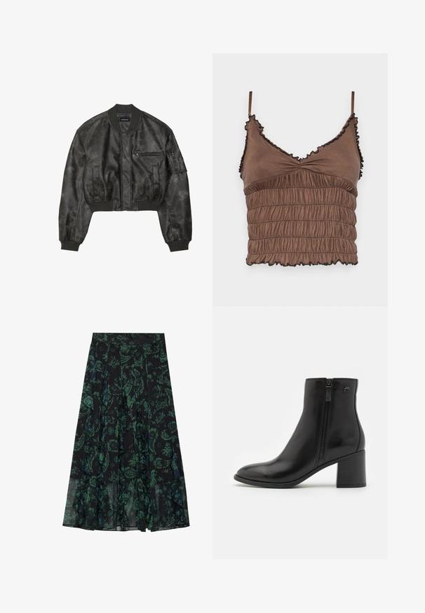 Schwarze Lederbomberjacke mit einem cropped Design, gerippten Bündchen und Saum, Vordertaschen und einer Reißverschlusstasche am Ärmel. Mattes Finish.; Brauner Cropped-Top aus weichem Stoff, mit einem gerafften Design, verstellbaren Trägern und Rüschenkanten mit schwarzen Akzenten.; Schwarzer Rock mit grünem Blumenmuster, mit gefransten Kanten und Falten. Hergestellt aus leichtem Stoff, bietet er eine fließende Silhouette.; Schwarze Knöchelstiefel aus glattem Leder mit einem seitlichen Reißverschluss. Sie verfügen über eine spitze Schuhspitze und einen strukturierten Blockabsatz für Stabilität.