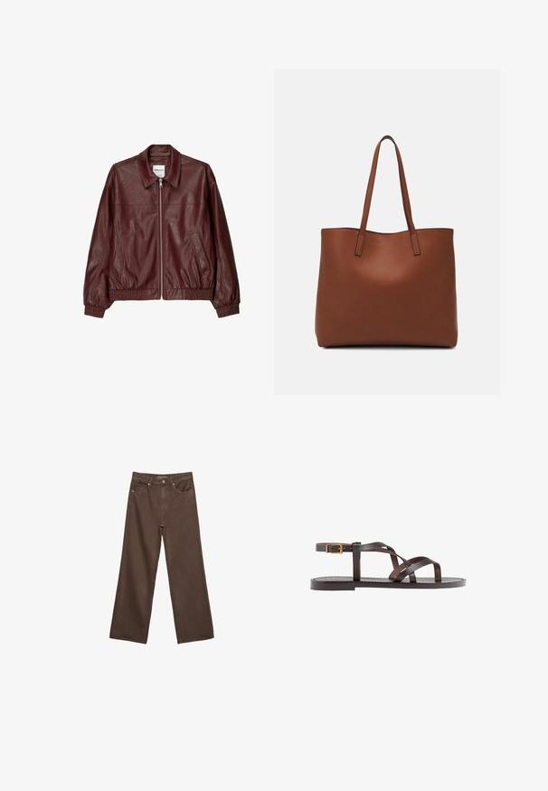 Burgundska usnjena bomber jakna s sprednjim zadrgo, stoječim ovratnikom, dvema stranskima žepoma ter elastičnimi manšetami in robom. Gladka tekstura.; Bela kratka majica s kratkimi rokavi iz bombaža. Ima okroglo izrezovanje in sproščen kroj. Gladka tekstura brez vidnih vzorcev ali poudarkov.; Široke rjave kavbojke iz denima, ki imajo visok pas, sprednje žepe in klasično zapiranje na gumb. Gladka tekstura s subtilnim šivom.; Rjav usnjen sandal z načinom prečnega črta, zaklepom okoli gležnja in ravnim podplatom z minimalnimi šivi.; Rjava usnjena torba z gladko teksturo, odprto zasnovo zgoraj in dvema naramnima trakovoma. Opremljena je z minimalnim šivanjem in brez vidnih kovinskih delov.