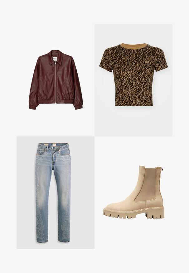 Burgundyröd läderbomberjacka med dragkedja fram, ståkrage, två sidofickor samt elastiska manschetter och fåll. Slät textur.; Levi's® T-shirt med print - braun; Ljust blå denimjeans med hög midja, raka ben och dekorativa pärlmönster längs de yttre sömmarna. Femfickorsdesign och knappgylf.; Beige ankelboots med en slät mockayta, elastiska sidopaneller och en kraftig klacksål för bra grepp. Har en dekorativ sömdetalj.