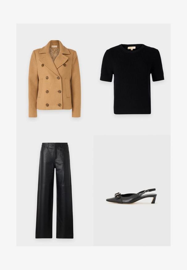 Double-breasted camel coat made of wool blend, featuring a notched collar, brown buttons, and side pockets with a quilted lining.; Black knitted short-sleeve sweater with a round neckline. Features a ribbed texture and a straight-cut hemline. Label on the inside collar.; Wide-leg black leather pants with a smooth texture, featuring front pockets, a button closure, and subtle stitching details.; Black leather slingback shoe with pointed toe, small heel, and decorative buckle detail on the upper. Smooth texture, minimalistic design.
