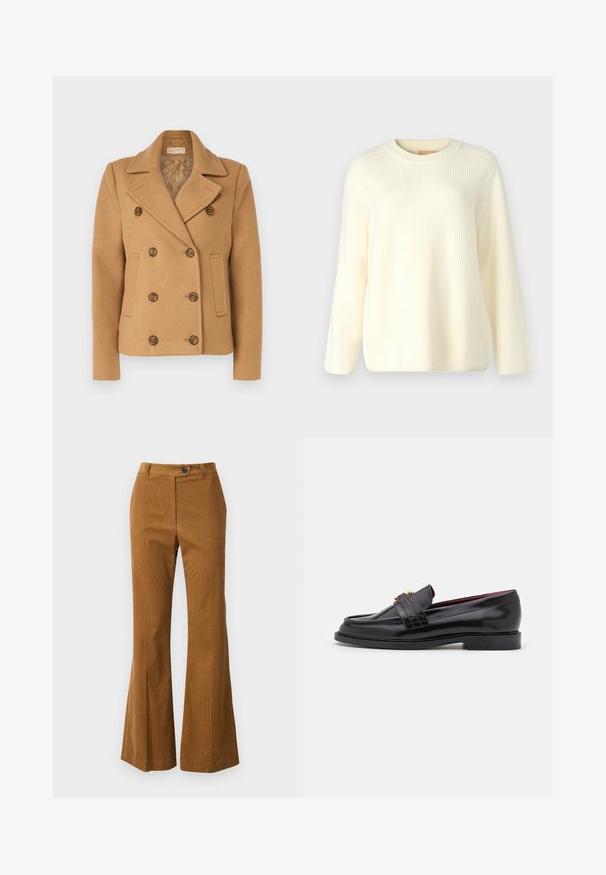 Abrigo camel de doble botonadura, hecho de una mezcla de lana, con un cuello con muescas, botones marrones y bolsillos laterales con forro acolchado.; Suéter de punto acanalado crema con cuello redondo, mangas largas y un corte holgado. Textura suave con líneas horizontales en toda la prenda.; Camisa de mezclilla azul claro con cuello puntiagudo, botones delanteros y dos bolsillos en el pecho. Presenta mangas largas y un corte relajado.; Pantalones acampanados marrones hechos de tejido texturizado, con cierre de botón y un diseño de cintura limpio.; Mocasines de cuero negro con un patrón de costura, textura suave, detalle de hebilla dorada y puntera redondeada, sobre una suela baja negra.