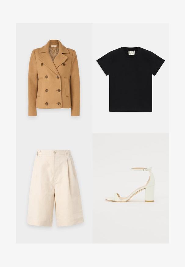 Double-breasted camel coat made of wool blend, featuring a notched collar, brown buttons, and side pockets with a quilted lining.; Black short-sleeve crew neck t-shirt with a white tag inside the collar labeled "D.R.C. EST. 2002" on a white background.; Beige linen shorts with a relaxed fit, featuring a button closure, pleated design, and knee-length cut. Smooth texture and simple style.; White leather block-heel sandal featuring an ankle strap with a buckle and minimalist design. Open toe and smooth textures throughout.
