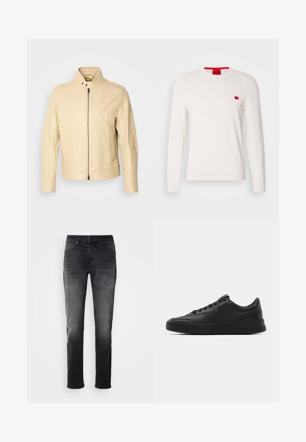 BOSS MANSELL - Leather jacket - light beige; White crewneck sweater with long sleeves, made of soft fabric. Features a small red logo patch on the chest and contrasting red tag on the neckline.; Black denim jeans with a straight leg fit. Features a button and zipper closure, five pockets, and subtle fading on the fabric.; Black sneaker with smooth leather upper, round toe, flat laces, cushioned collar, and minimalistic design. Rubber sole with subtle tread pattern.