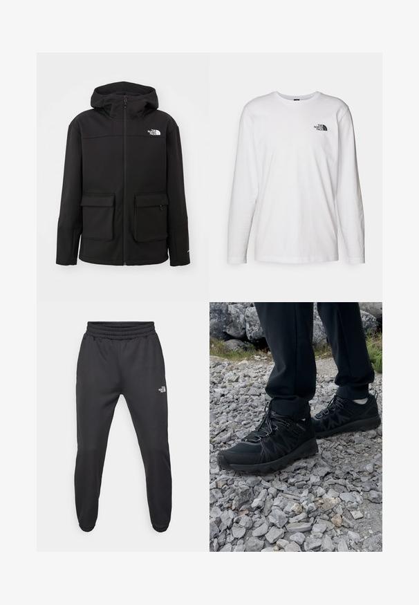 The North Face ANCOHUMA SOFTSHELL JACKET - Softshell jakker - black; Hvid langærmet T-shirt lavet af bomuld med rund hals. Har et lille sort logo på brystet. Glat tekstur, almindelig pasform.; Sorte sweatpants med snor i livet, tætsiddende pasform, elastiske manchetter og et lille hvidt logo på venstre lår, lavet af glat stof.; Sorte udendørssko med mesh og syntetisk materiale, med en tekstureret overdel, sikre snørebånd og en robust ydersål, på klippelandskab.