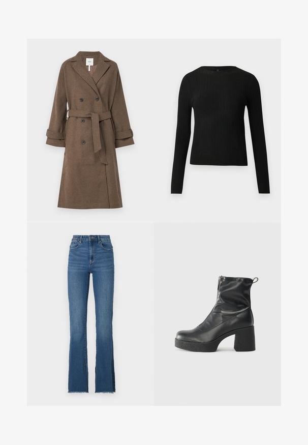 Object OBJKEILY - Cappotto classico - morel; Maglione fitted a maniche lunghe nero a costine con scollo rotondo, esposto su uno sfondo chiaro e semplice.; Jeans in denim blu a campana con vita alta, caratterizzati da orlo sfrangiato e design a cinque tasche. Texture liscia con leggera sbiaditura.; Stivali neri alla caviglia in pelle liscia, con zip laterale, tacco spesso e texture, e punta arrotondata.