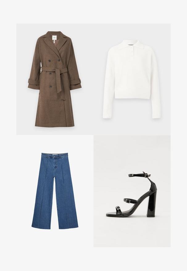 Object OBJKEILY - Cappotto classico - morel; Maglione polo bianco a maniche lunghe in maglia a coste, con colletto e pattina con tre bottoni, caratterizzato da un design cropped e da una texture morbida.; Jeans in denim a gamba larga di blu medio, con vita alta, chiusura con bottone e dettagli delle cuciture verticali a contrasto lungo la parte anteriore.; Sandali con tacco in vernice nera, con punta squadrata, cinturini alla caviglia e fibbie in argento. Presentano un tacco a blocco spesso per maggiore stabilità.