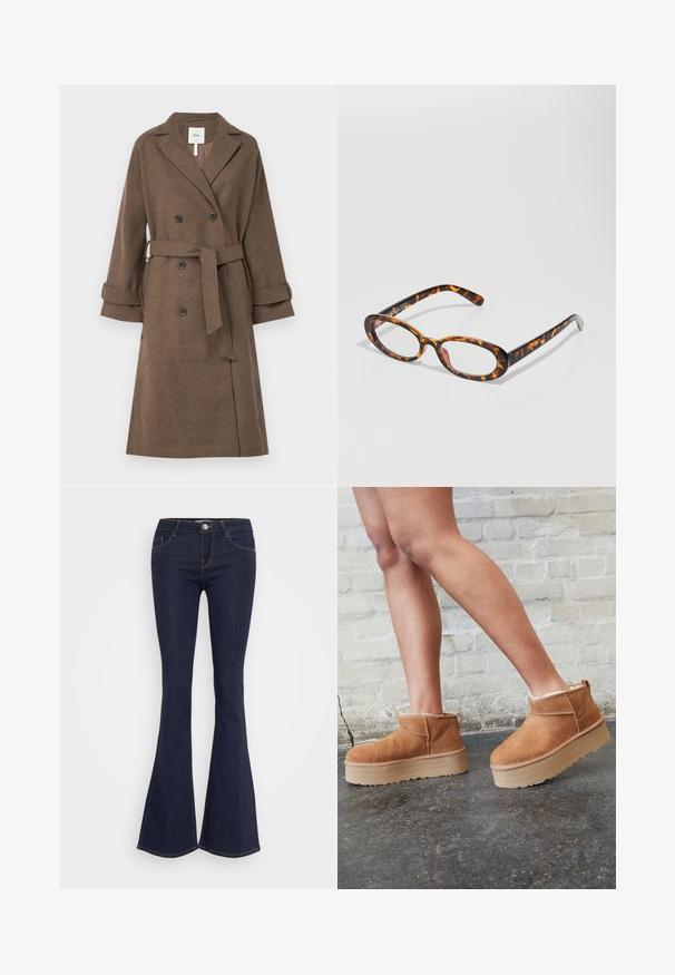 Object OBJKEILY - Klassisk kåpe / frakk - morel; Svart, kortermet turtleneck topp laget av ribbet stoff, med en slim fit og høy krage-design. Enkel og teksturert mønster.; Mørke denim flared jeans med en tettsittende midje, med frontknapplukking, fem lommers design og sømdetaljer langs beina.; Brune daim ankelstøvler med en bløt foring, tykk beige plattformsåle og en bakre trekkflik. Teksturert overflate med synlige stikningsdetaljer.; Skilpaddebriller med ovale linser, med en blank finish, slanke armer og subtile mønstre som ligner tigermønster.