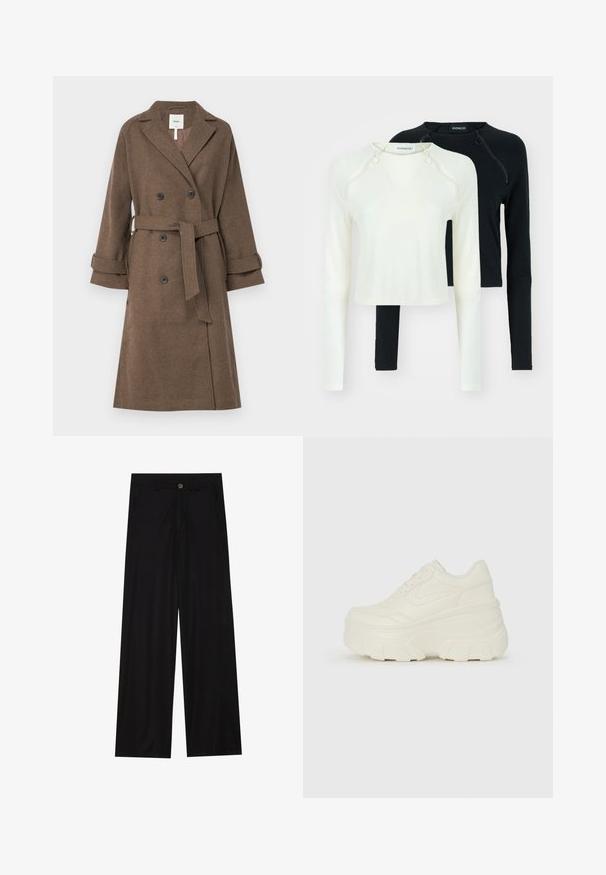 Object OBJKEILY - Klasikinis paltas - morel; Du dužo ilgio rankovės marškiniai, vieni balti, o kiti juodi. Abu turi apvalią iškirptę ir dekoratyvų užtrauktuką ant peties. Lygus audinys.; Plati juodos kelnės, pagamintos iš lygaus audinio, su priekinėmis kišenėmis ir mygtuko užsegimu liemenyje. Minimalistinis dizainas be raštų.; Baltos platformos sportbačiai su lygiu odos primenančiu paviršiumi, apvalia forma, paminkštintu apykakle ir tekstūruotu guminiu padu su ryškiais protektoriais.