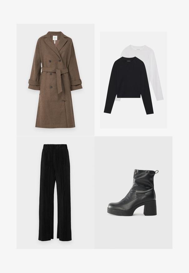 Object OBJKEILY - Manteau classique - morel; Deux chemises à manches longues : une noire et une blanche. Les deux présentent un col rond, des manches raglan et un tissu doux en mélange de coton.; Pantalons plissés noirs avec une taille élastique. Présente des jambes larges et un tissu lisse texturé avec des rayures verticales.; Bottes noires à la cheville en cuir lisse, dotées d'une fermeture éclair sur le côté, d'un talon épais texturé et d'une conception à bout rond.