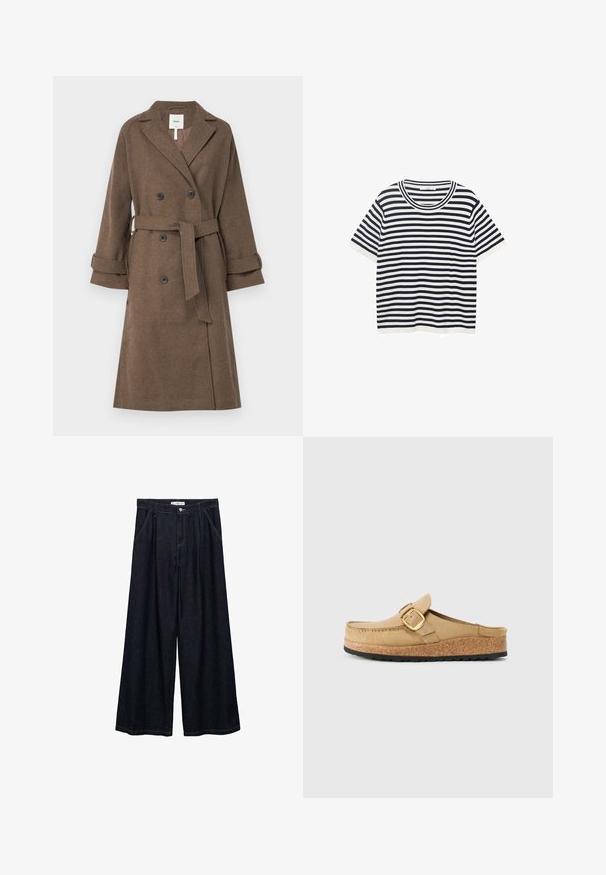 Object OBJKEILY - Mantel - morel; Gestreept T-shirt van katoen met marineblauw en witte horizontale strepen, voorzien van een ronde halslijn en korte mouwen. Glad van textuur.; Donkerdenim wijde-broek met een hoge taille, voorzien van een sluiting met knoop aan de voorkant, twee zijzakken en stikdetails.; Beige klompen met een brede band en gouden gesp, gemaakt van zacht materiaal, met een kurken middenzool en een gestructureerde zwarte rubberen zool.