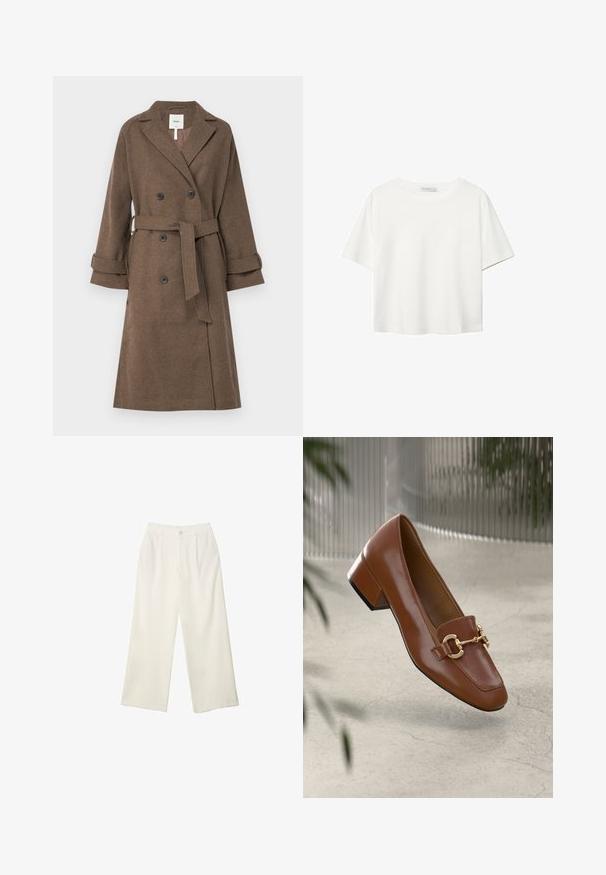 Object OBJKEILY - Manteau classique - morel; T-shirt blanc à manches courtes en coton. Doté d'un col ras du cou et d'une coupe décontractée. Texture lisse sans motifs ni accents visibles.; Pantalons à jambes larges en tissu crème avec une texture lisse, dotés d'un seul bouton à l'avant, de plis subtils et d'un design taille haute.; Mocassin en cuir verni marron avec un bout carré, accent de chaîne métallique et petit talon carré ; texture lisse, design minimaliste.