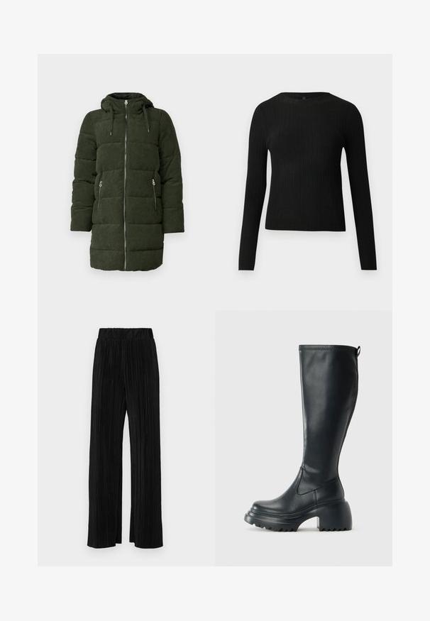 Giubbotto trapuntato in corduroy verde con cappuccio, dotato di zip frontale completa, due tasche laterali e texture trapuntata.; Maglione fitted a maniche lunghe nero a costine con scollo rotondo, esposto su uno sfondo chiaro e semplice.; Pantaloni neri a plissé con vita elasticizzata. Presentano gamba ampia e un tessuto liscio e texture con strisce verticali.; Stivale lungo in pelle nera con suola piatta robusta e tacco a blocco, dotato di linguetta e battistrada testurizzato sulla suola.