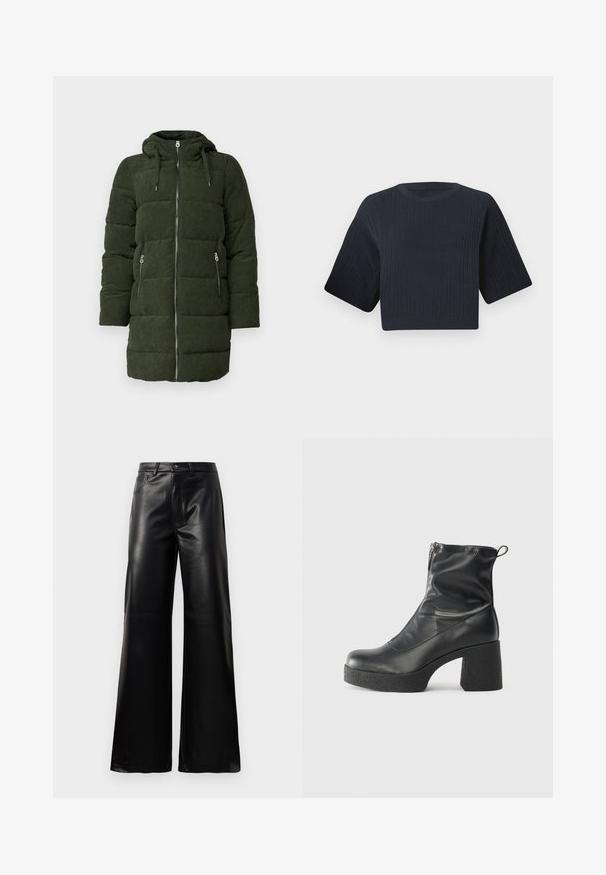 Jachetă puf în carouri verde, cu glugă, având un fermoar frontal complet, două buzunare laterale și textură matlasată.; Pulover scurt tricotat, de culoare bleumarin închis, cu textură ribbed, mâneci scurte și largi, și guler rotund. Design simplu, fără modele sau accente vizibile.; Pantaloni negri cu talie înaltă, largi, din piele sintetică, cu nasture frontal, închidere cu fermoar, bucle pentru centură și buzunare laterale pe fundal alb.; Bocanci negri de glezna din piele netedă, cu fermoar lateral, toc texturat și masiv, și design cu vârf rotund.