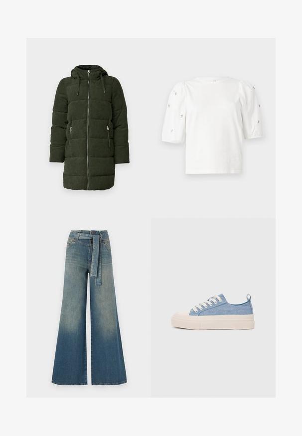 Green corduroy puffer jacket with a hood, featuring a full front zip, two side pockets, and quilted texture.; White cotton t-shirt with short puff sleeves, featuring small silver embellishments along the sleeves. Classic round neckline, relaxed fit.; Wide-leg denim trousers featuring a light to dark blue gradient, high waist, belt loops, and a matching fabric belt. Textured denim finish.; Light blue canvas sneakers with a cream rubber toe cap and outsole, featuring white laces and a pull tab on the heel.